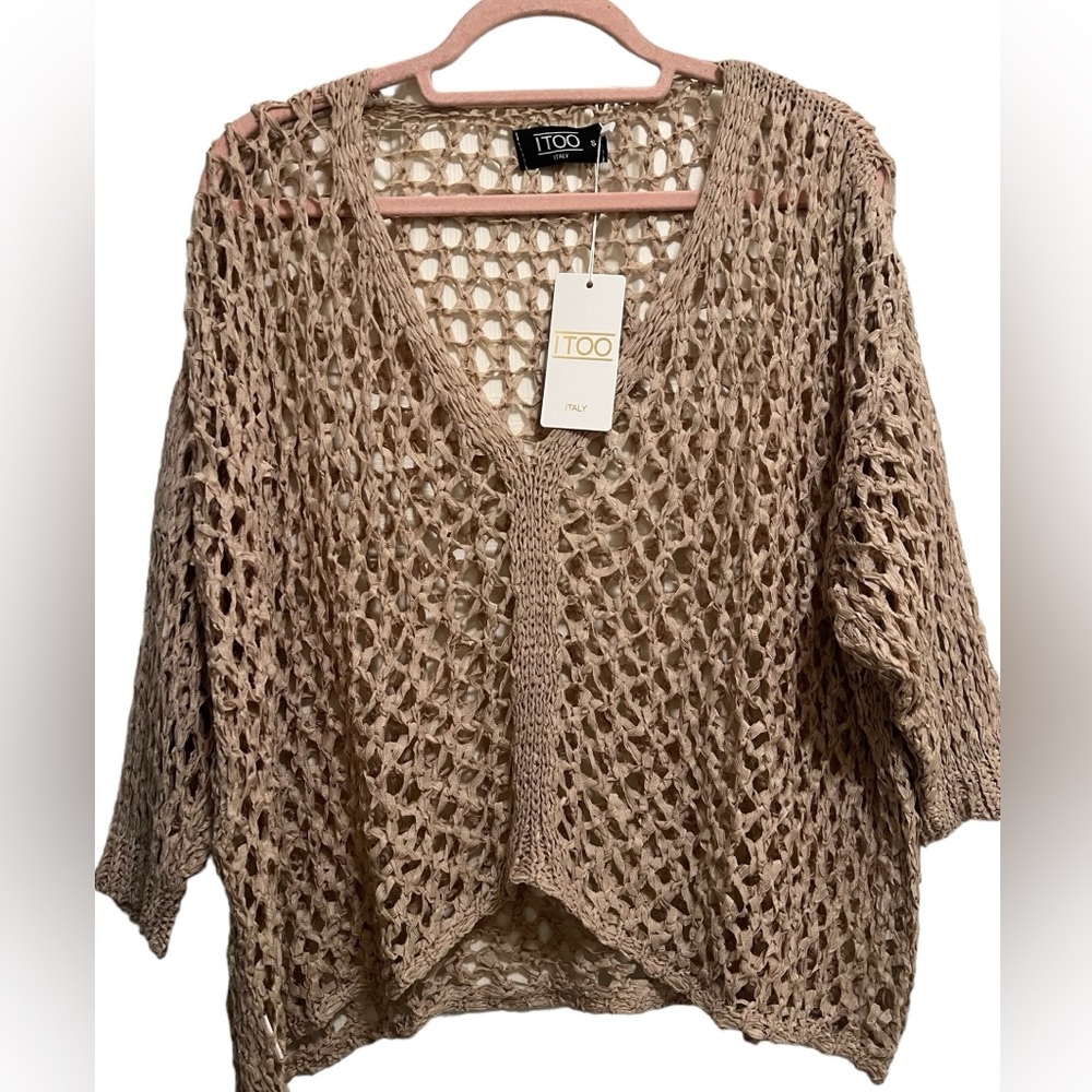 ITOO brand Fango Natural Tan Asymmetrical Open Stitch 3/4 sleeves Top
